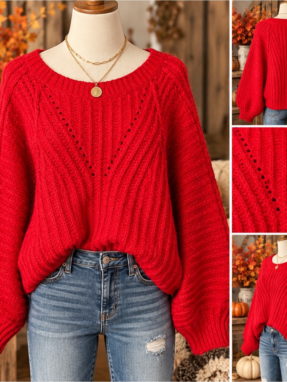 Free People Red Chunky Cable Knit Sweater Medium Balloon Sleeve Oversized